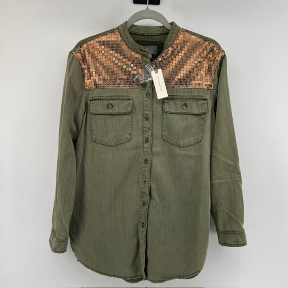 NEW Anthropologie Womens Button Down Shirt US8 Army Green Rose Gold Sequins Boho